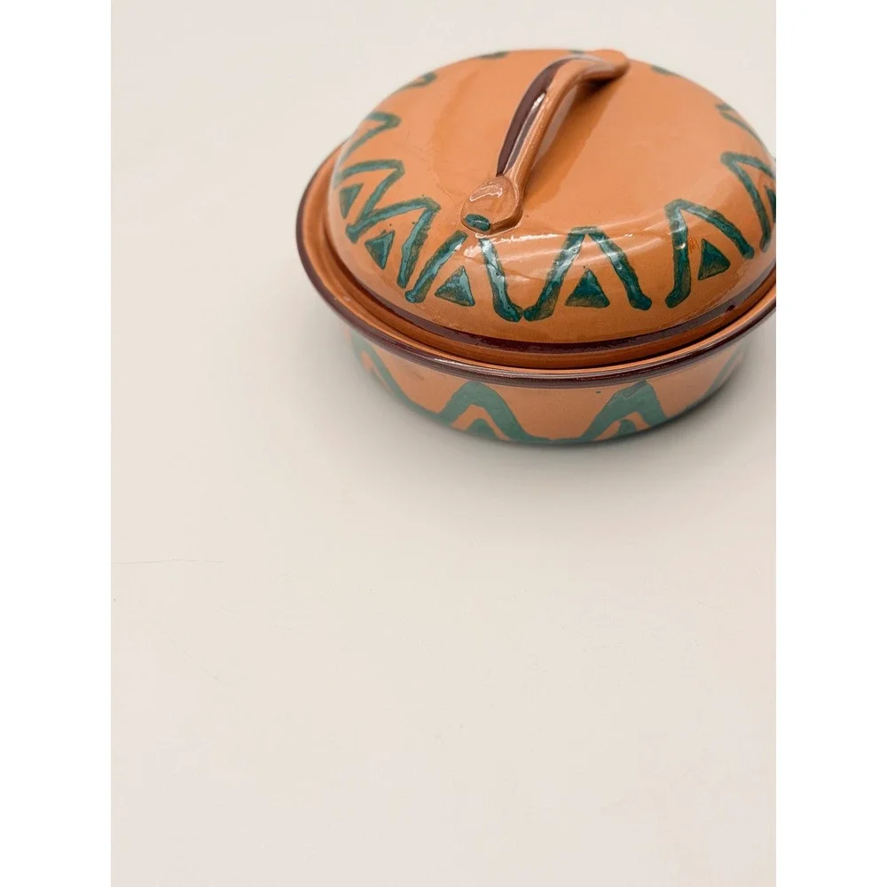 Vintage Hand Painted Terracotta Lidded Dish Southwestern Geometric Pier 1 Italy